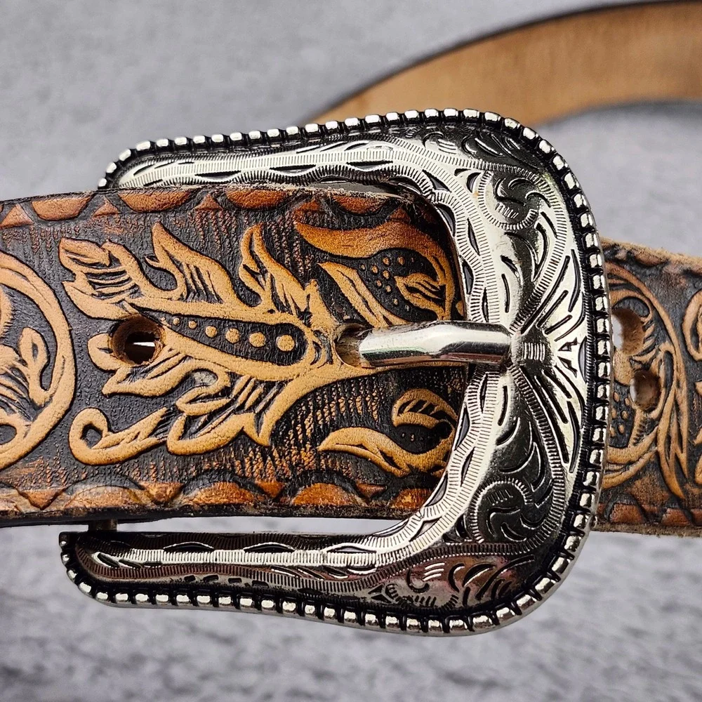 Vintage Brown Tooled Leather Western Belt Made in Mexico Size 42 Silver Buckle